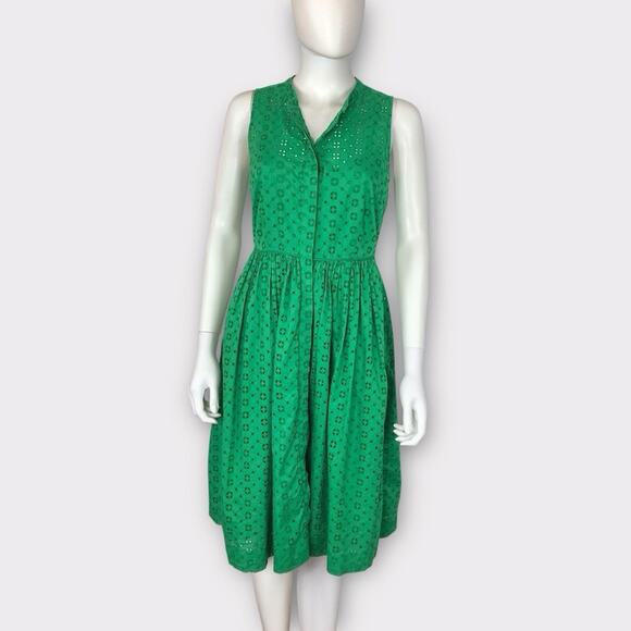 J. Crew Green A-Line Midi Dress Eyelet 100% Cotton Cottagecore Knee Length - Picture 1 of 9
